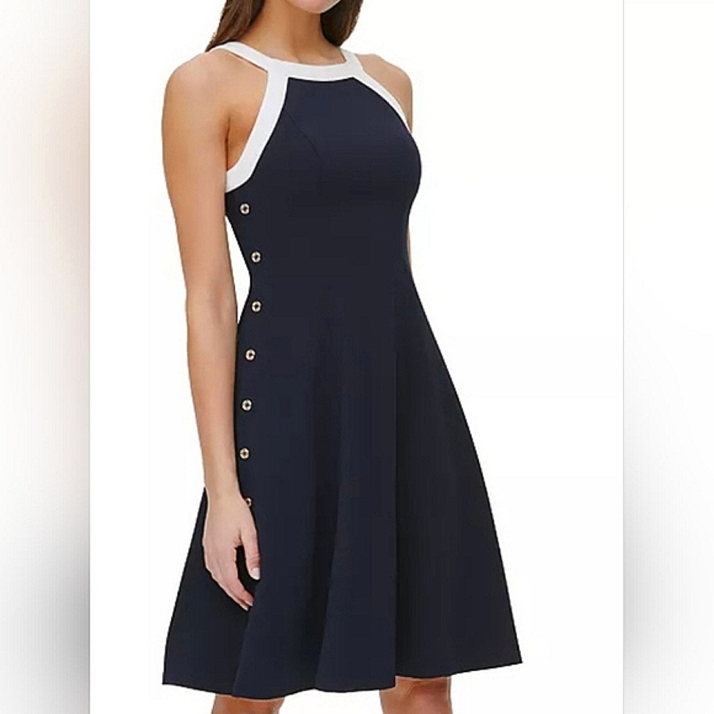 NWT Tommy Hilfiger white trimmed navy halter dress, button accent sides Sz 6 NEW - Picture 10 of 15